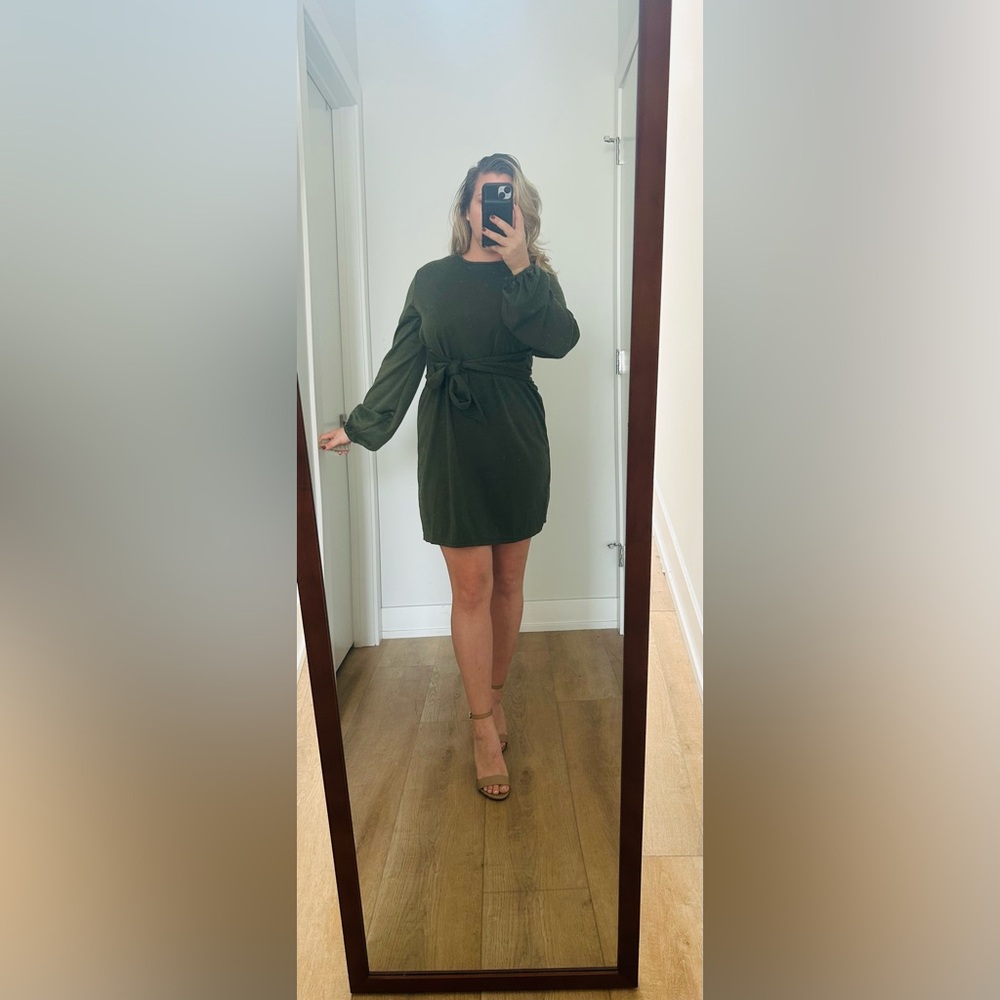 Green shift dress with front tie